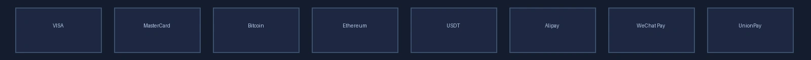 支持的支付方式包括VISA、万事达、比特币、以太坊、USDT、支付宝